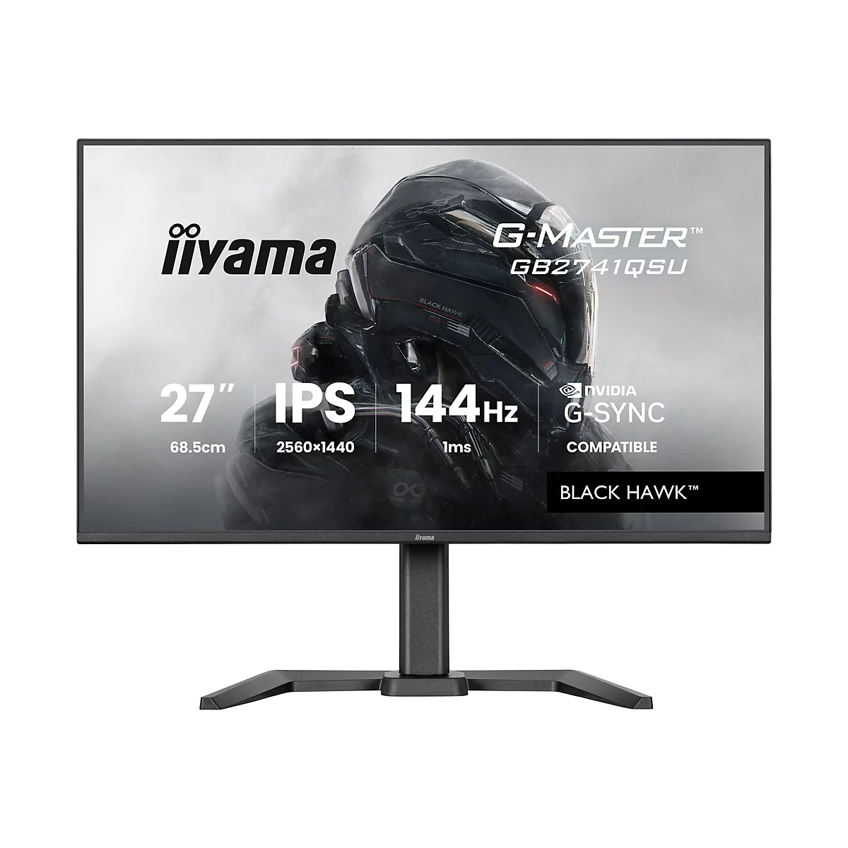 Ein schwarzer iiyama Monitor mit G-MASTER Logo und Produktbezeichnung. Der Monitor zeigt ein detailliertes Bild eines schwarzen Roboterkopfes. Auf dem Monitor stehen technische Details wie Größe, Auflösung und Bildwiederholfrequenz.