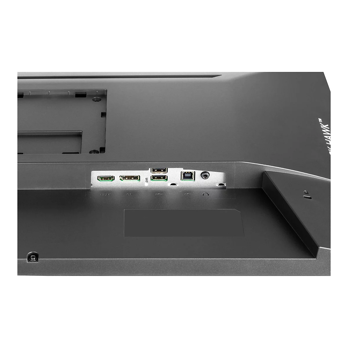 Nahaufnahme der Rückseite eines schwarzen Monitors. Ports wie HDMI, USB und DP sind sichtbar.
