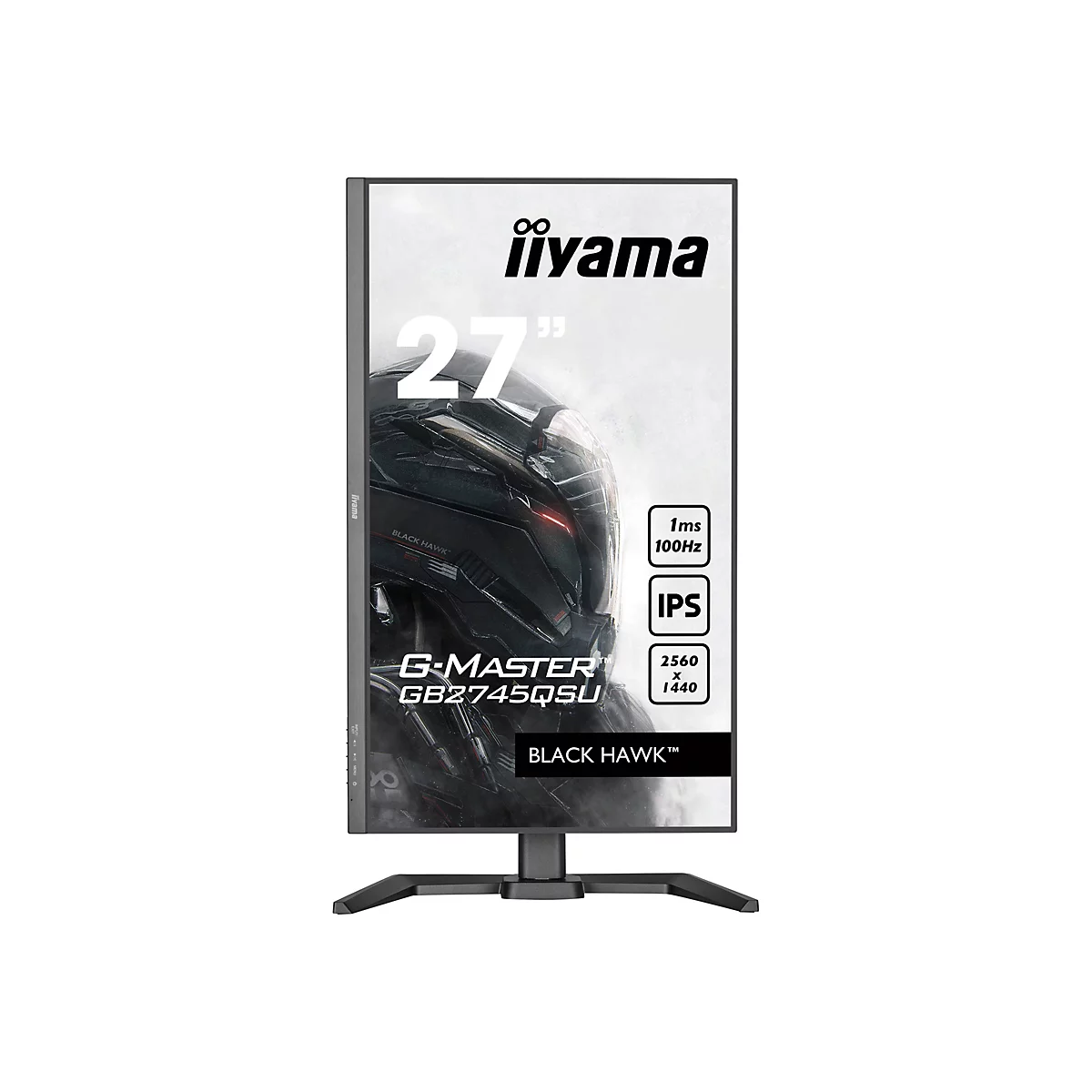 Ein iiyama G-Master GB2745QSU Monitor mit 27 Zoll Bildschirm, schwarzem Rahmen und Standfuß. Auf dem Display-Hintergrund ist ein Helm abgebildet.