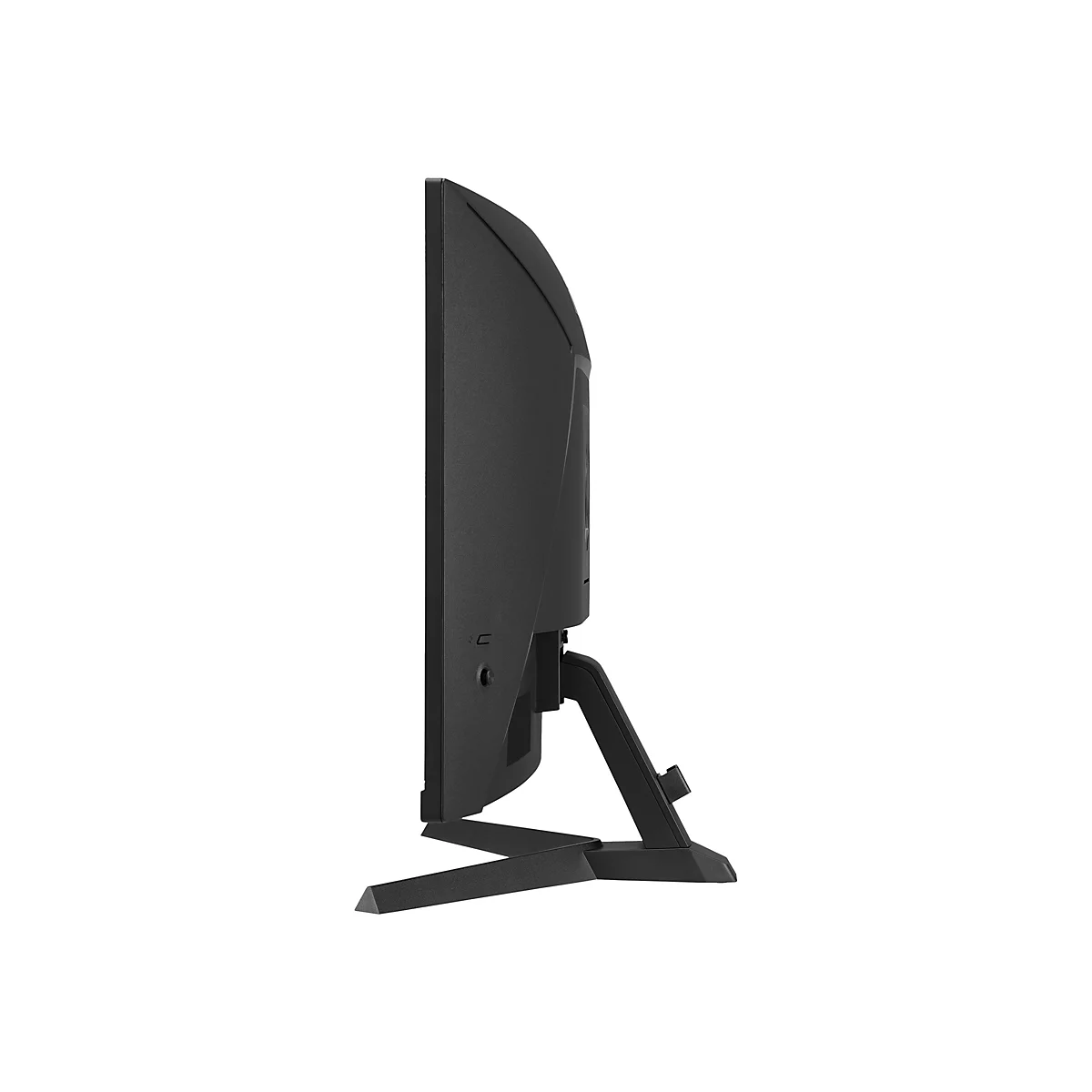 Moniteur noir de profil, avec pied. Les connexions latérales et l'arrière du boîtier sont visibles.