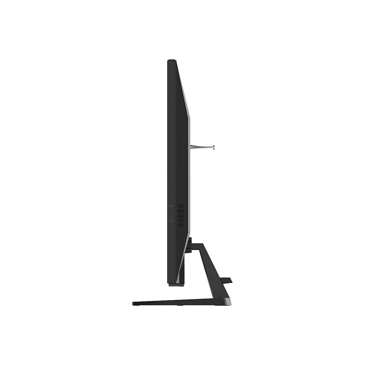 Vue de côté d'un moniteur noir avec support et bras métallique. Boutons de commande et étiquettes d'entrée visibles.