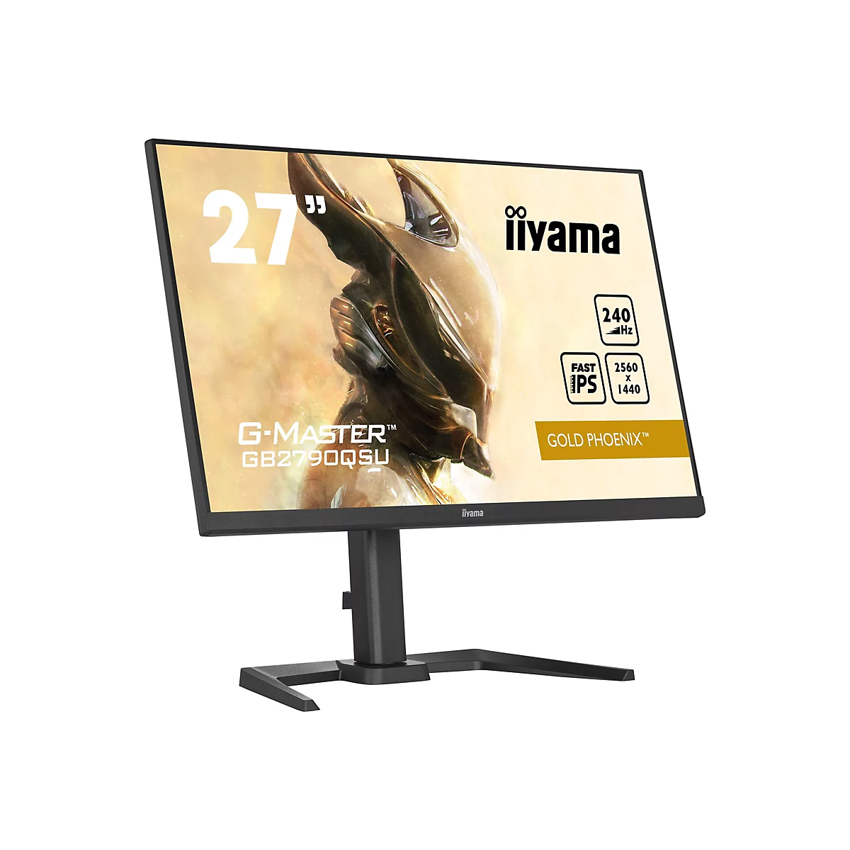 Ein schwarzer iiyama G-Master Monitor, 27 Zoll, mit dem Schriftzug "GOLD PHOENIX" und technischen Details.