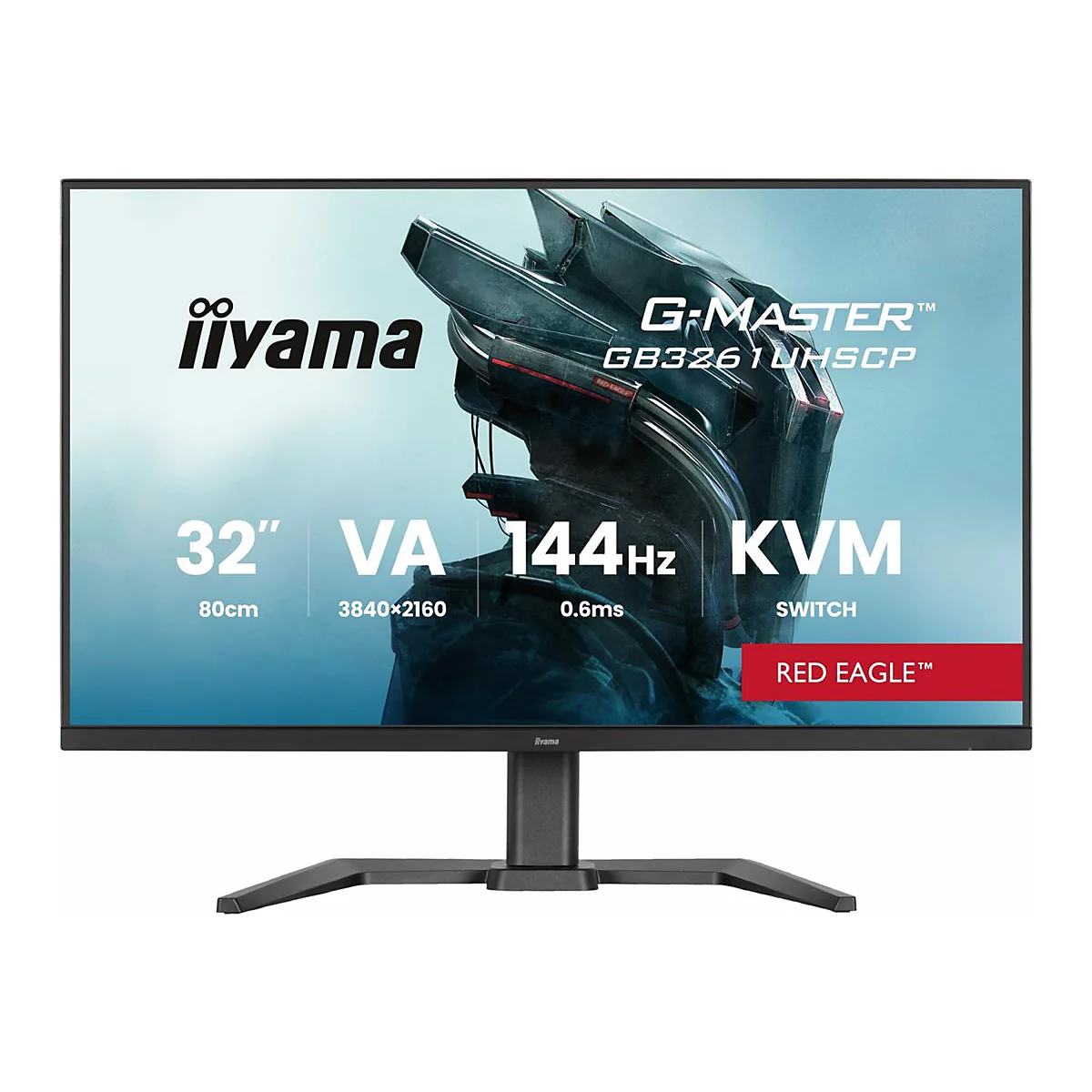 Écran iiyama noir avec des accents rouges. L'écran affiche du texte tel que "G-MASTER" et des détails techniques comme "144Hz" et "KVM".