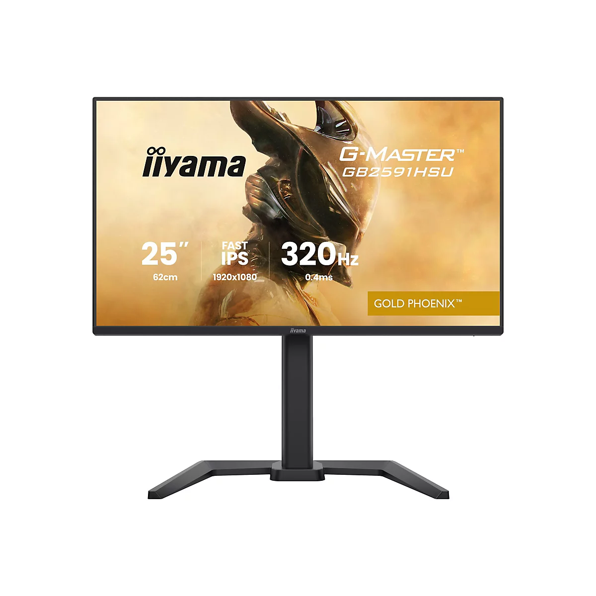 Ein schwarzer iiyama G-Master Monitor, auf dem Produktinformationen angezeigt werden. Der Bildschirm zeigt goldene Grafiken. Auf dem Bildschirm sind die Schriftzüge "25 Zoll", "FAST IPS", "320 Hz" zu sehen.