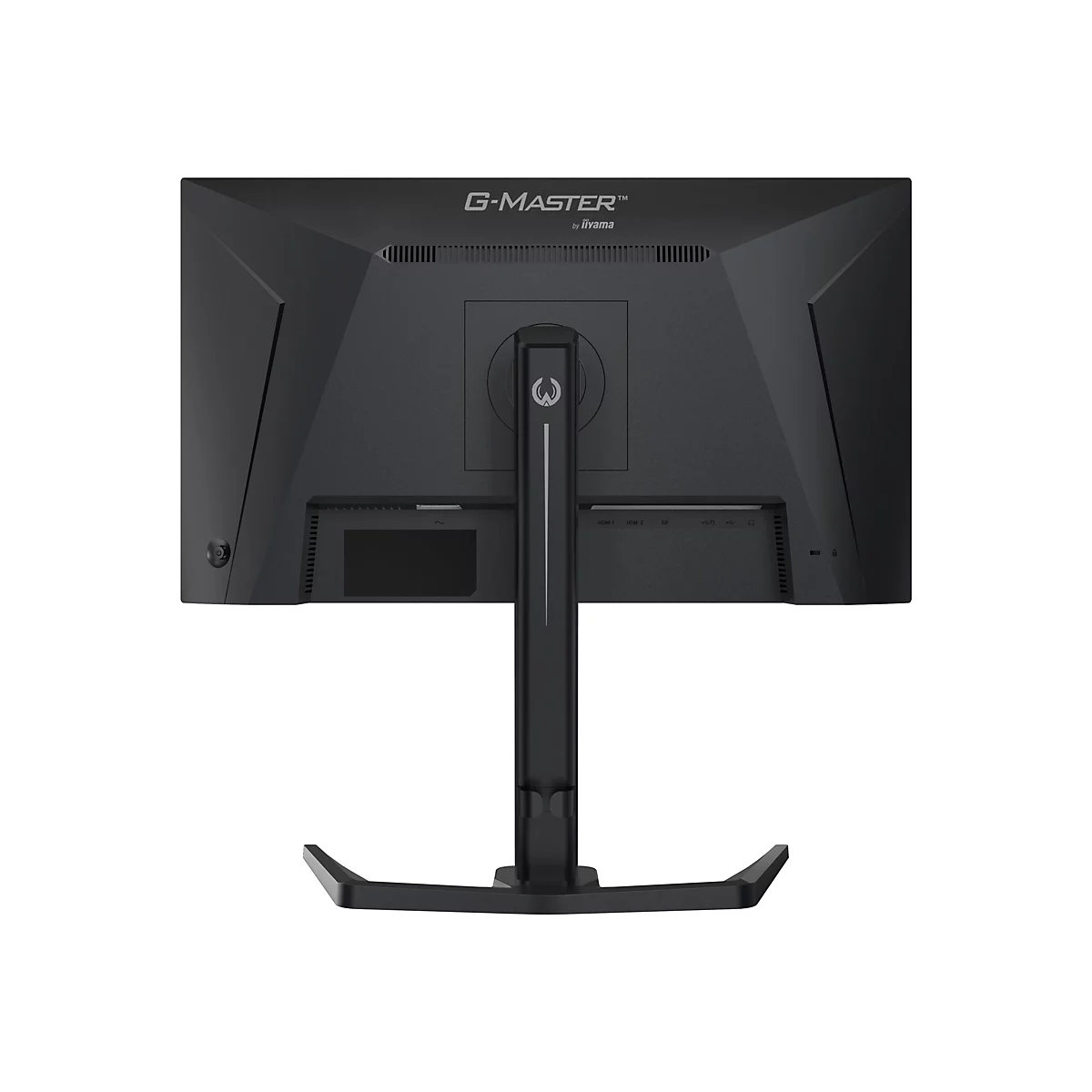 Rückseite eines schwarzen G-MASTER-Monitors mit Anschlüssen und Logo.