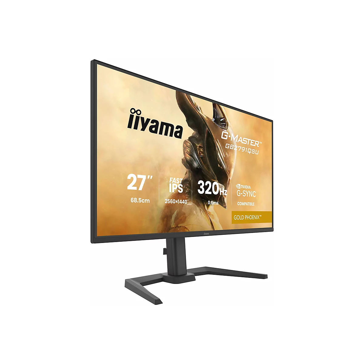 Ein schwarzer iiyama G-Master GB2791QSU Gaming-Monitor auf weißem Hintergrund. Der Bildschirm zeigt Spezifikationen und Schriftzüge, einschließlich "27 Zoll", "320Hz" und "G-SYNC".
