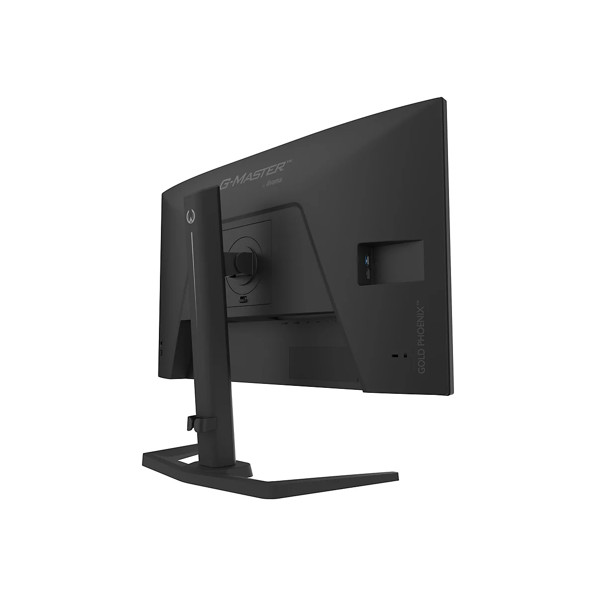 Ein schwarzer Monitor, Rückansicht. Aufschrift: G-MASTER by iiyama und GOLD PHOENIX. Anschlüsse und Monitorfuß sichtbar.