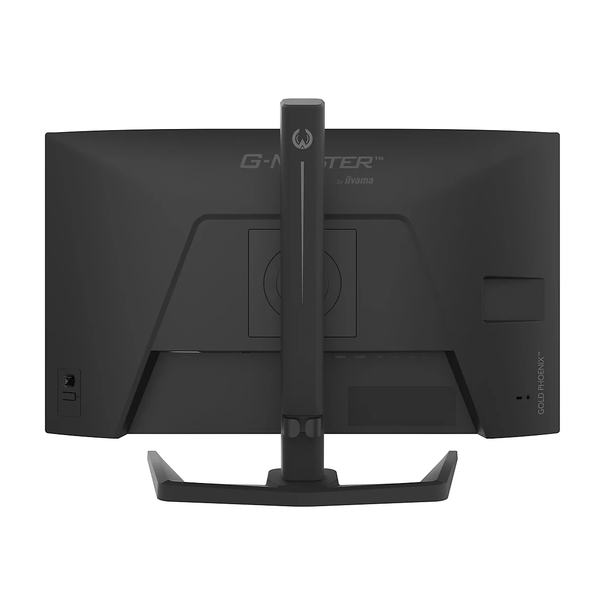 Schwarzer Monitor, Rückansicht. G-Master by iiyama, Gold Phoenix-Schriftzug, Anschlüsse.