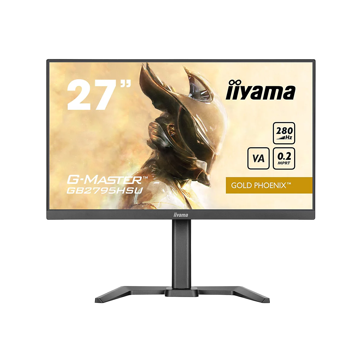 Schwarzer iiyama-Monitor mit einem 27-Zoll-Bildschirm. Auf dem Bildschirm ist ein goldenes Kunstwerk und Schriftzüge wie "G-MASTER" und "GOLD PHOENIX" zu sehen. Der Monitor steht auf einem schwarzen Fuß.