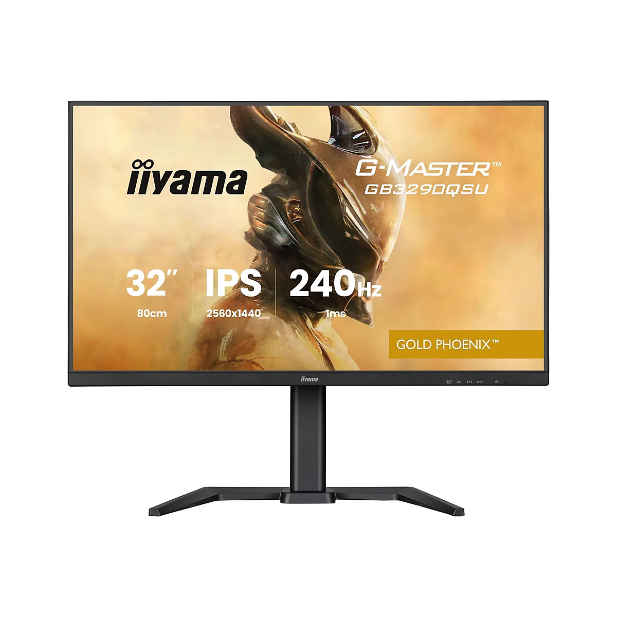 Ein schwarzer iiyama G-MASTER Monitor. Auf dem Bildschirm sind die Aufschrift "32", "IPS", "240Hz", "80cm", "2560x1440" sowie "GOLD PHOENIX" zu sehen.