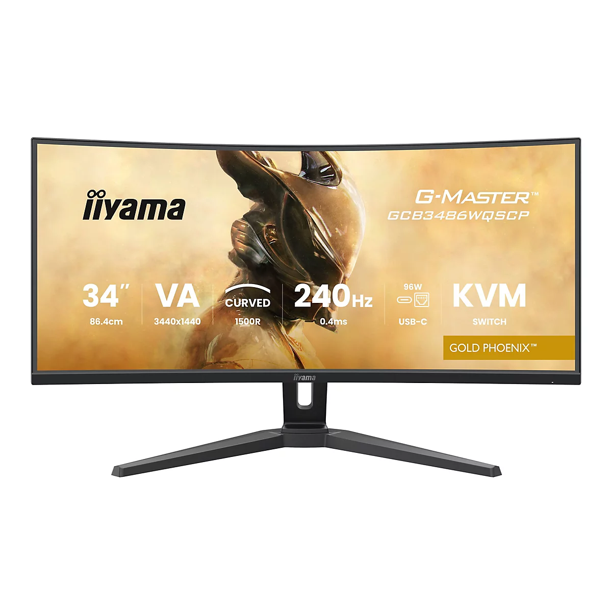 Ein gebogener iiyama Monitor mit Gold Phoenix Schriftzug. Der Monitor hat eine Größe von 34 Zoll, VA, 240 Hz und weitere technische Daten.