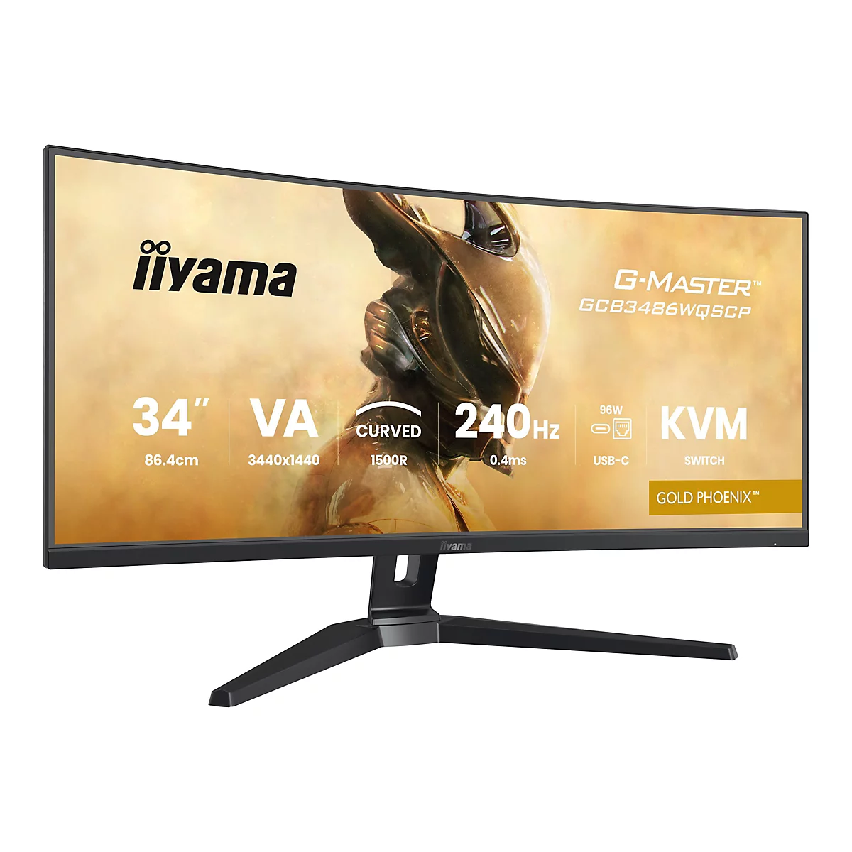 Ein gebogener iiyama Monitor mit den Merkmalen 34", VA, 240Hz, KVM, USB-C. Auf dem Bildschirm ist ein goldener Phönix abgebildet.