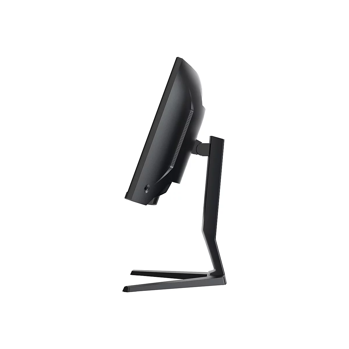 Schwarzer Computermonitor im Profil, auf weißem Hintergrund.