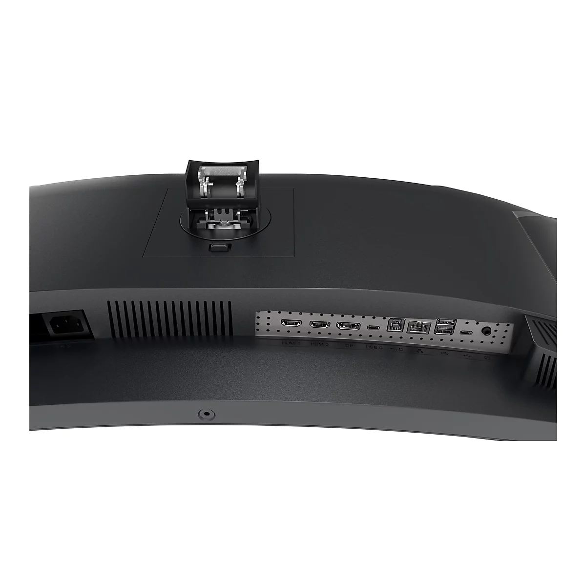 Nahaufnahme der Rückseite eines schwarzen Monitors mit Anschlussmöglichkeiten und Halterung.