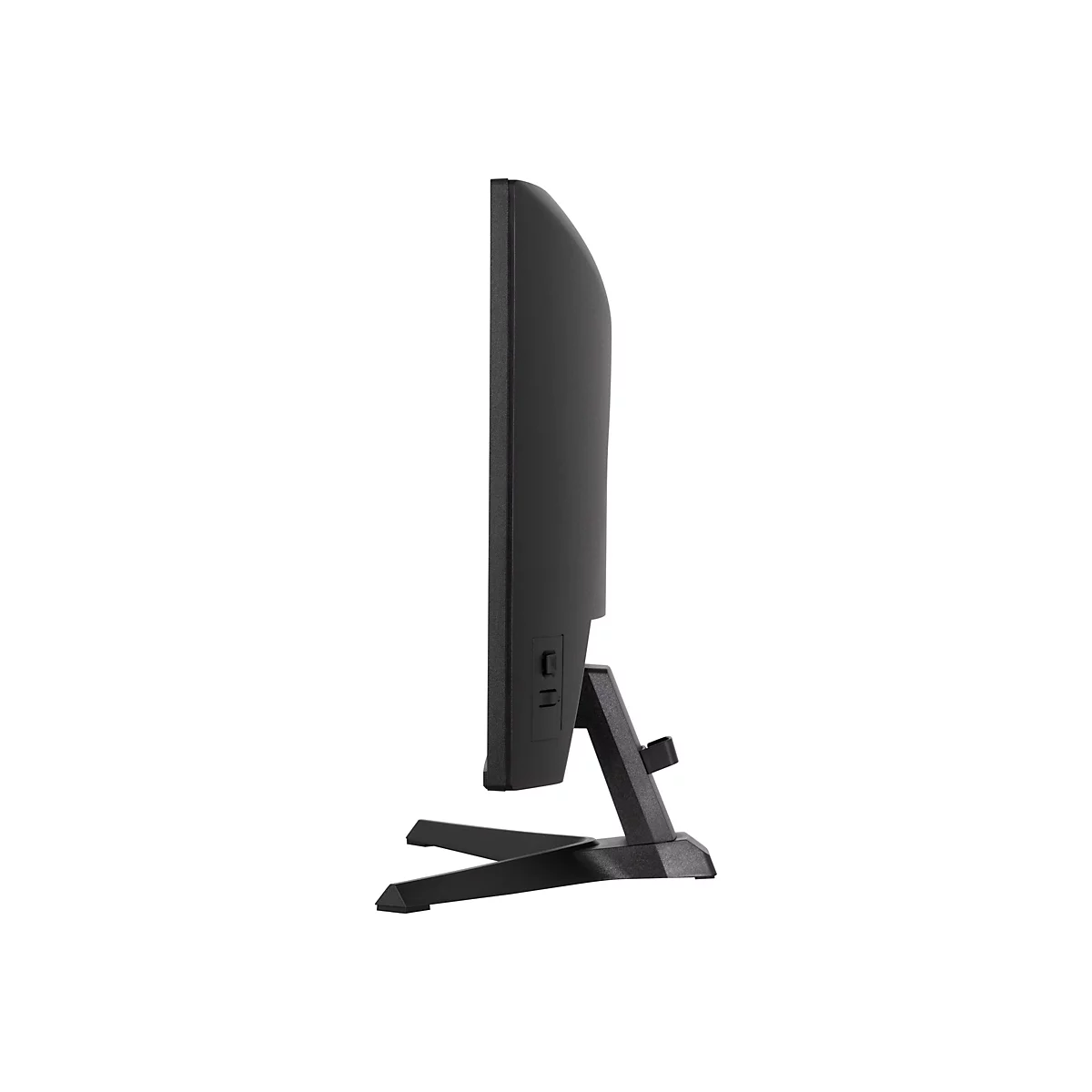 Ein schwarzer Monitor, Seitenansicht, auf weißem Hintergrund. Der Monitor steht auf einem schwarzen Standfuß.