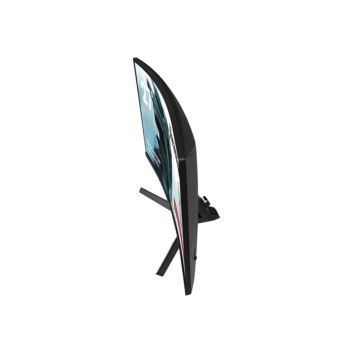 Ein schwarzer, gebogener Computerbildschirm mit einem Standfuß, der auf weißem Grund steht. Der Bildschirm zeigt blaues Bildmaterial und Schrift.