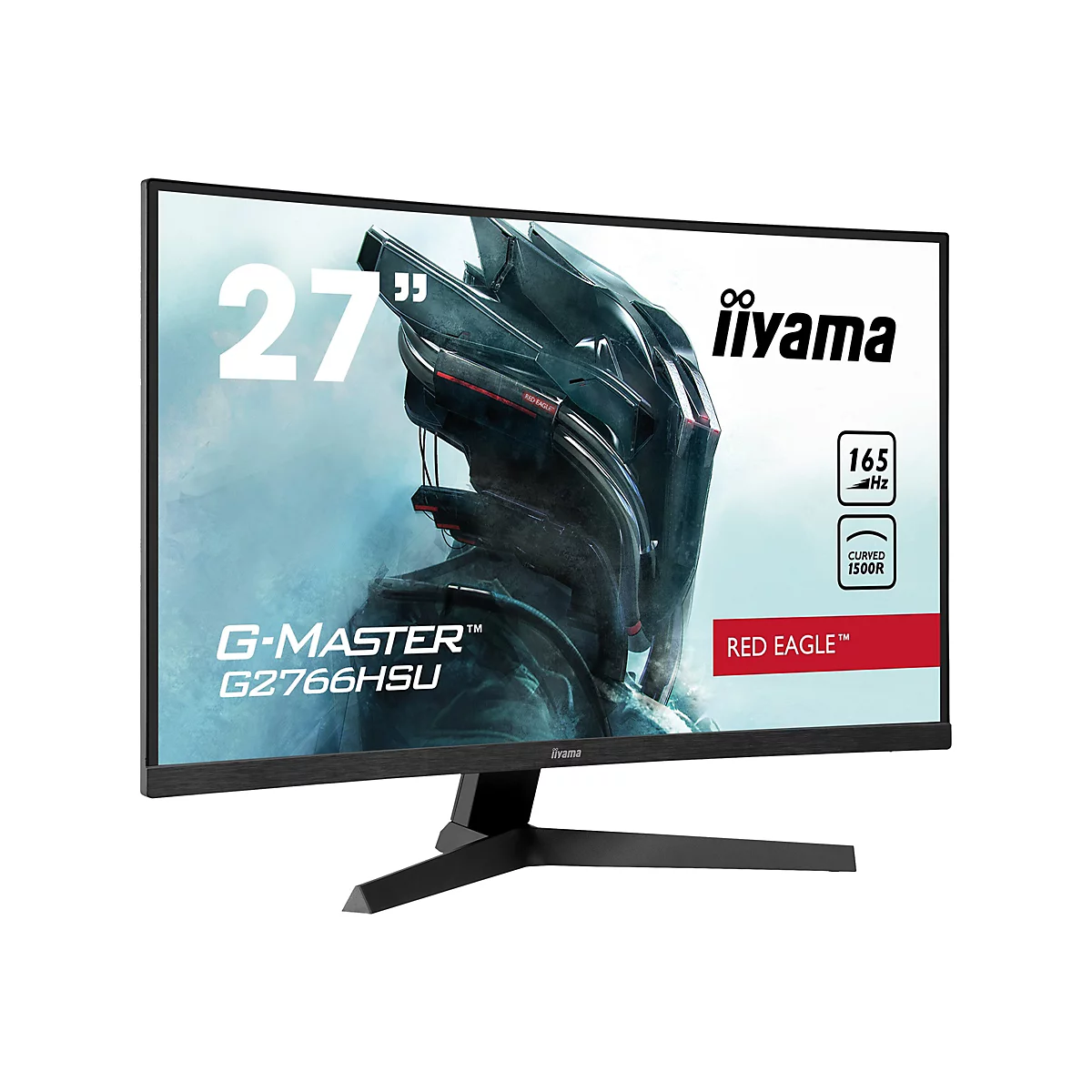 Ein iiyama G-Master Gaming Monitor. Schwarzer Monitor mit gebogenem Bildschirm, roter Schriftzug "RED EAGLE", und der Angabe 165 Hz.