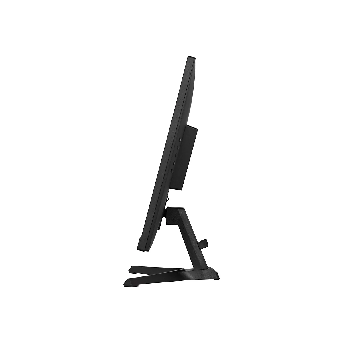 Un moniteur noir de profil, avec un pied. Des boutons et des ports sont visibles à l'arrière.