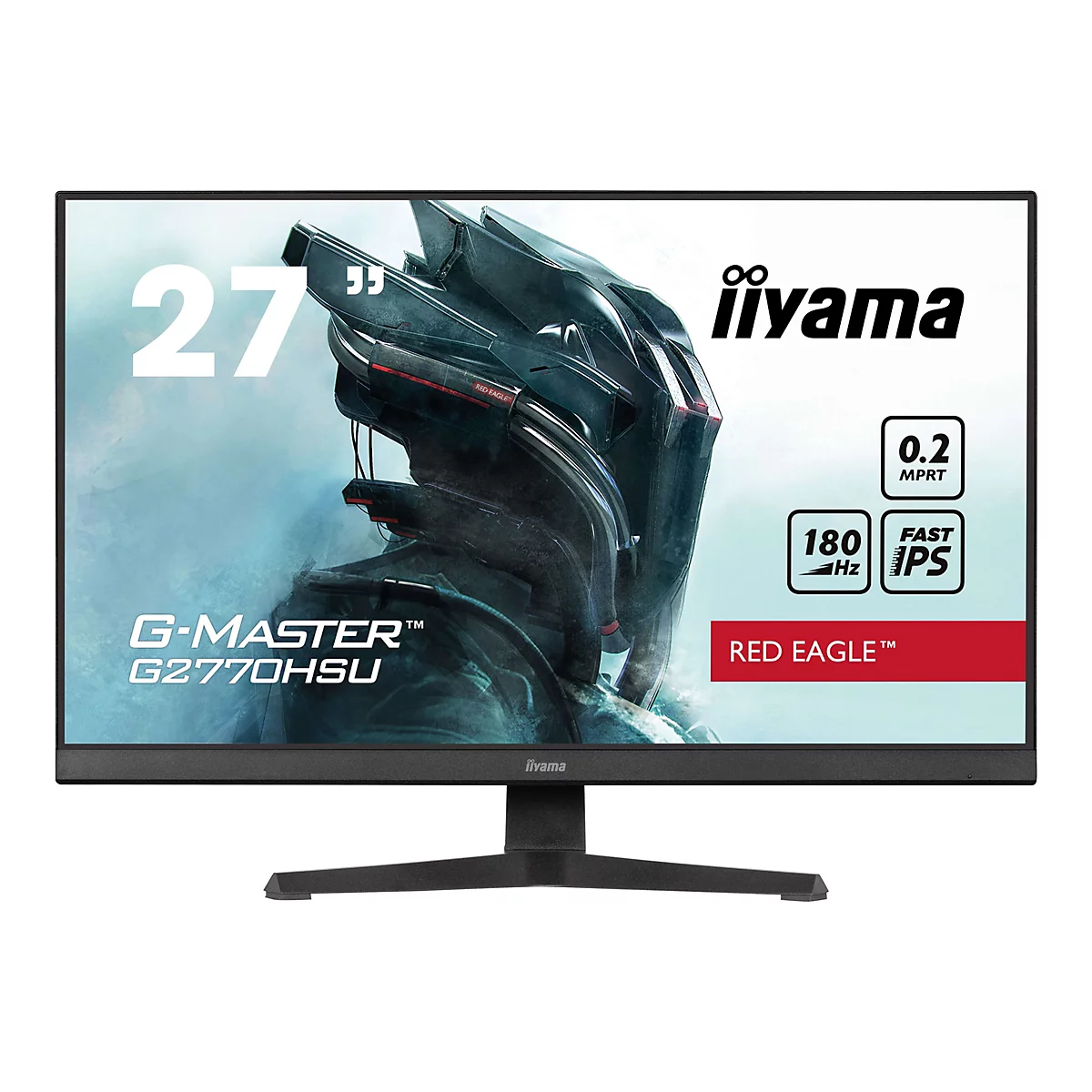 Un moniteur iiyama G-Master noir, de 27 pouces, sur un pied noir. L'écran affiche l'inscription "27", "iiyama", "G-MASTER G2770HSU", "RED EAGLE" et les spécifications techniques.