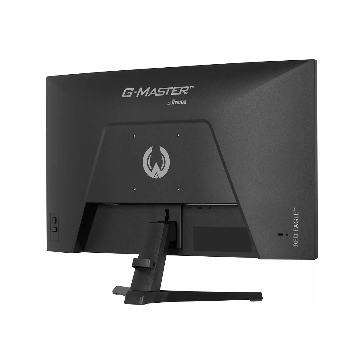Rückansicht eines schwarzen Gaming-Monitors mit der Aufschrift "G-MASTER" und dem Logo. Auf der rechten Seite steht "RED EAGLE".