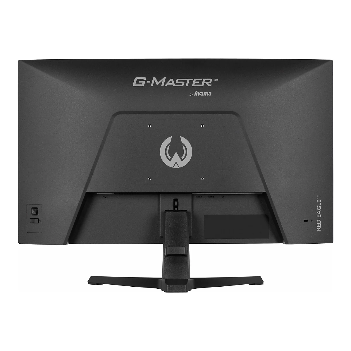 Rückansicht eines schwarzen Computerscreens mit dem Schriftzug "G-MASTER" und dem Logo von iiyama. Auf der rechten Seite steht "RED EAGLE".