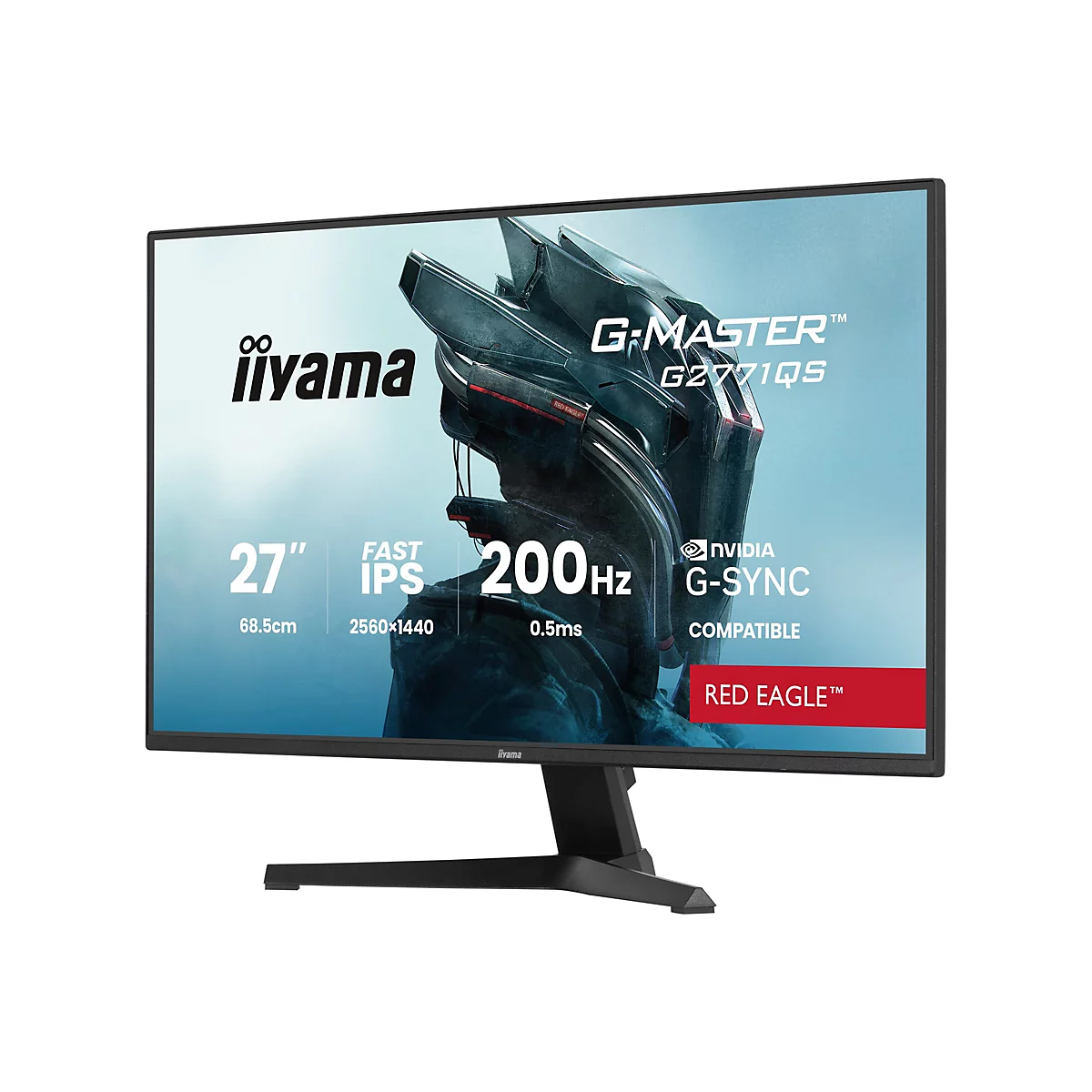 Ein schwarzer iiyama Monitor, G-MASTER G2771QS, 27 Zoll, 200 Hz, mit roter "RED EAGLE"-Schrift.