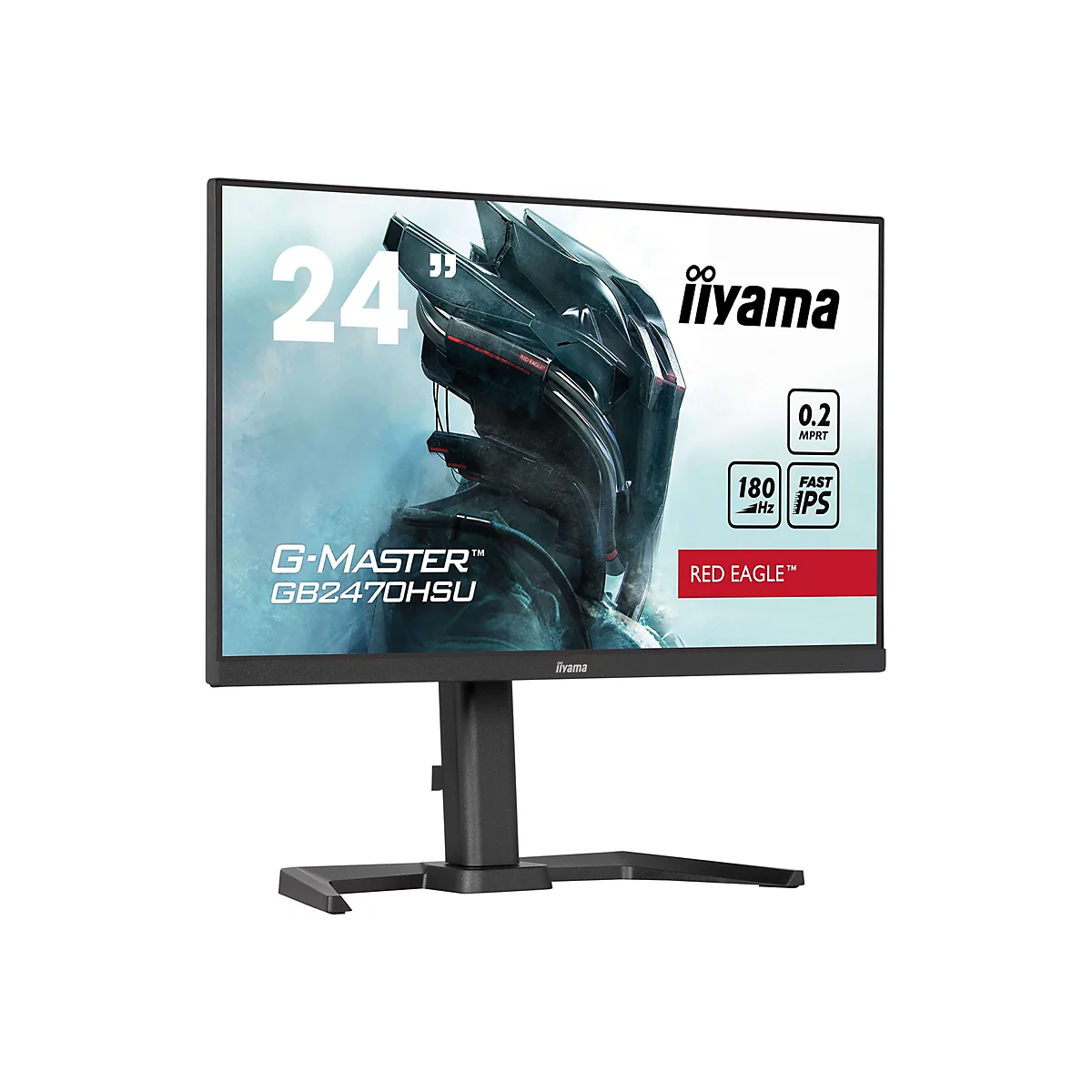 Un moniteur noir iiyama G-Master se tenant devant un fond blanc. Une image graphique avec la désignation RED EAGLE est visible sur l'écran.