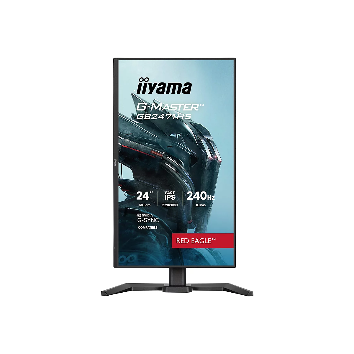 Ein schwarzer iiyama G-Master Monitor, der vor einem hellblauen Hintergrund steht. Der Bildschirm zeigt Informationen und einen rot-schwarzen Adler.