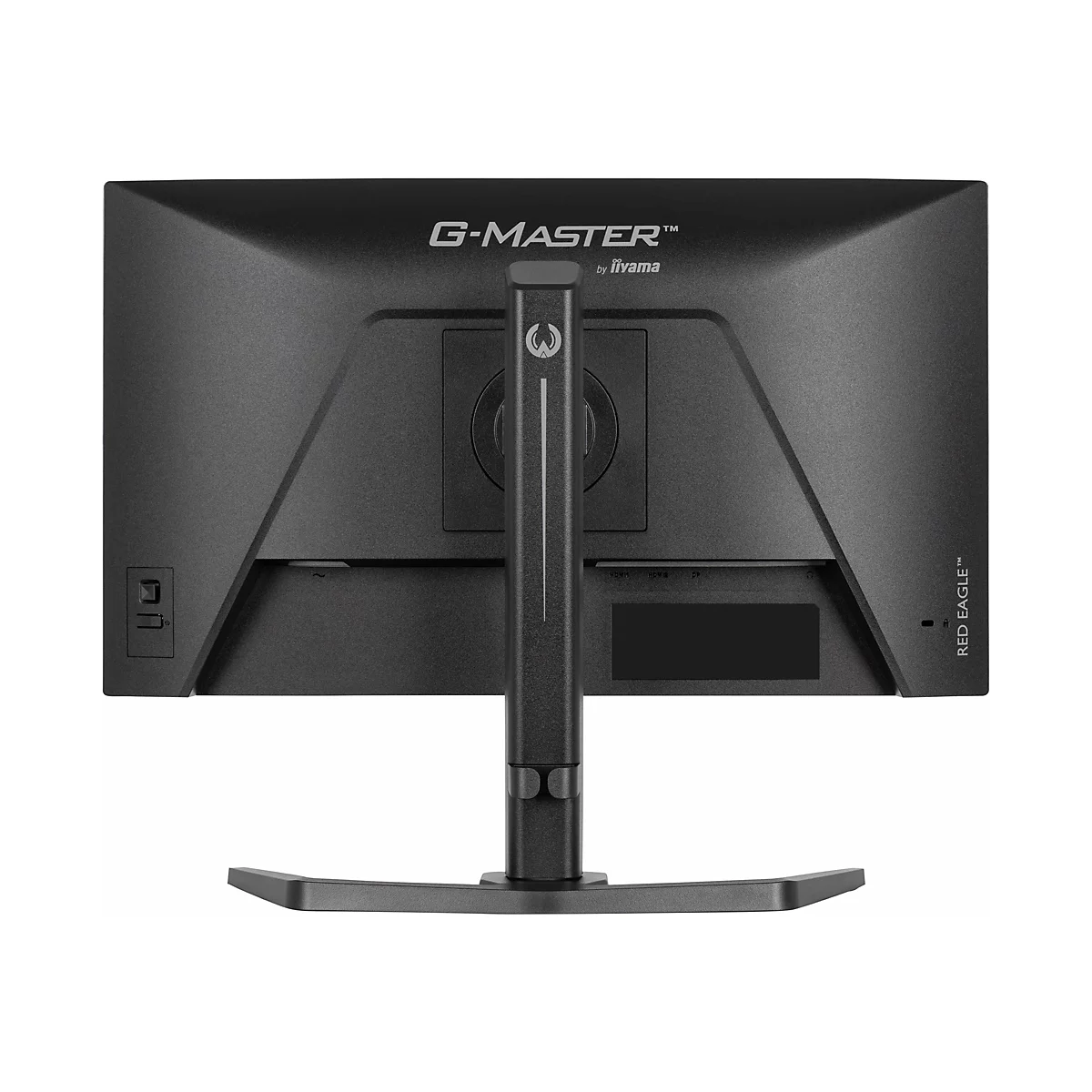 Rückseite eines schwarzen Monitors mit Standfuß. Schriftzug: G-MASTER und Red Eagle. Anschlüsse, Logo und Halterung sind erkennbar.