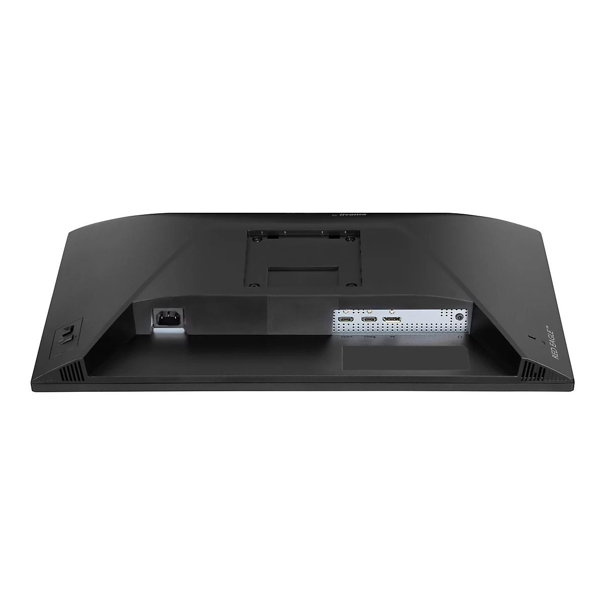 Rückseite eines schwarzen Gaming-Monitors mit Anschlüssen, Logo "by iiyama" und "RED EAGLE".