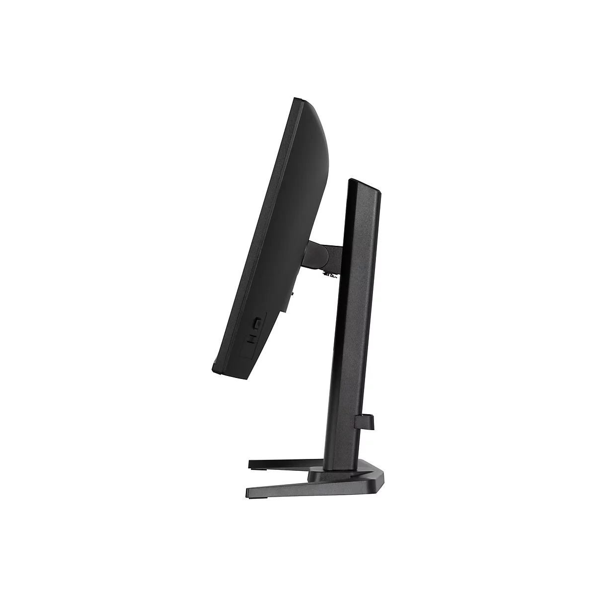 Schwarzer Monitor im Profil vor weißem Hintergrund. Der Bildschirm und die Halterung sind zu sehen.