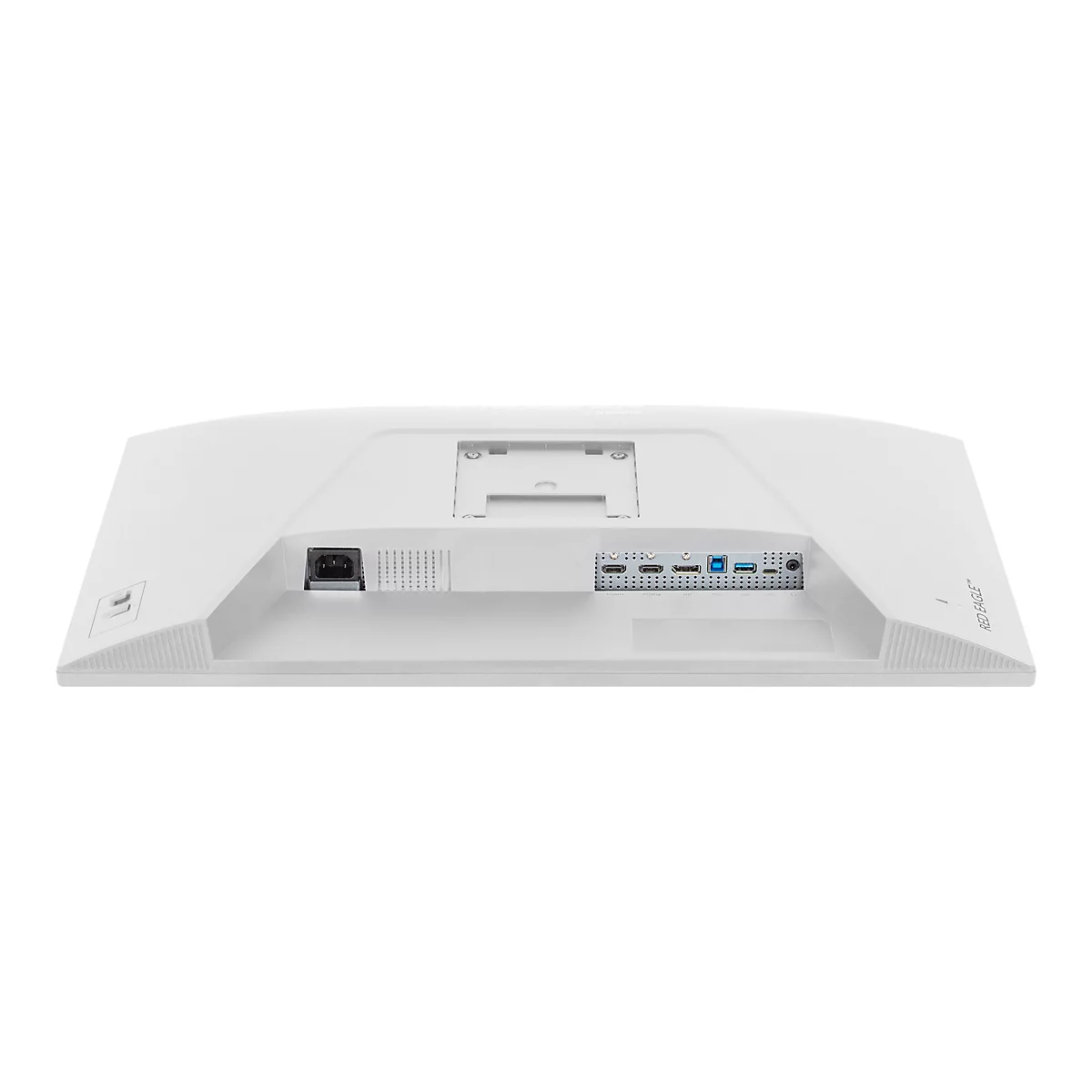 Rückseite eines weißen Monitors, Details der Anschlüsse und des Gehäuses sichtbar.