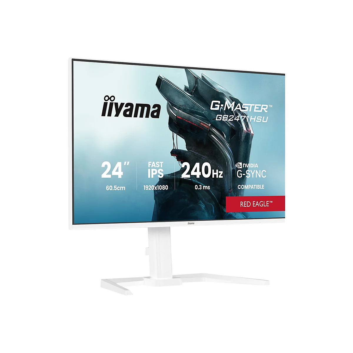 Ein weißer Iiyama-Monitor, der vor weißem Hintergrund steht. Auf dem Bildschirm sind die Schriftzüge "G-MASTER", "24 Zoll", "IPS" und "Nvidia G-Sync" zu sehen.