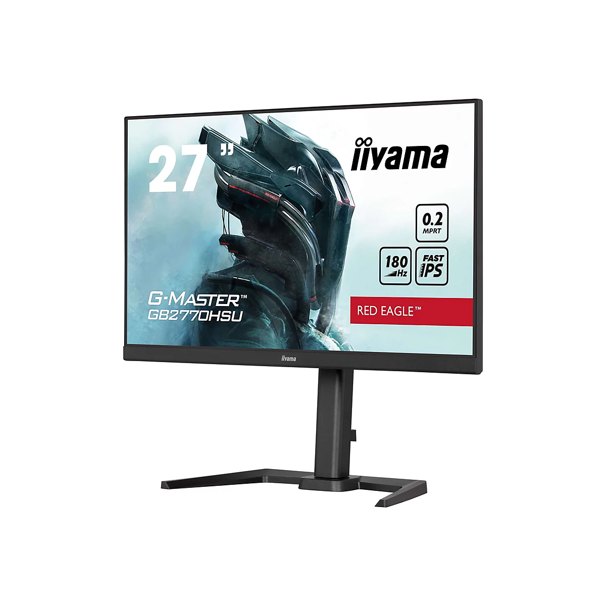 Ein schwarzer iiyama G-Master GB2770HSU 27-Zoll-Monitor, der auf einem Ständer vor weißem Hintergrund steht.