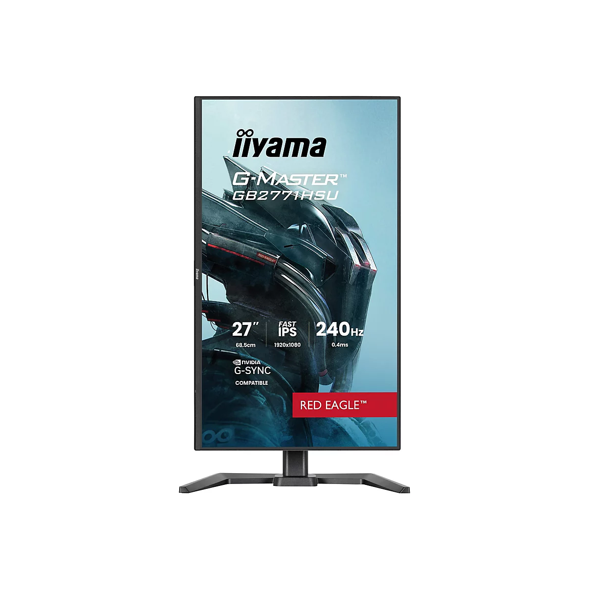 Ein schwarzer Monitor, der von iiyama G-Master beworben wird. Text: 27", Fast IPS, 240Hz, G-Sync kompatibel, Red Eagle.
