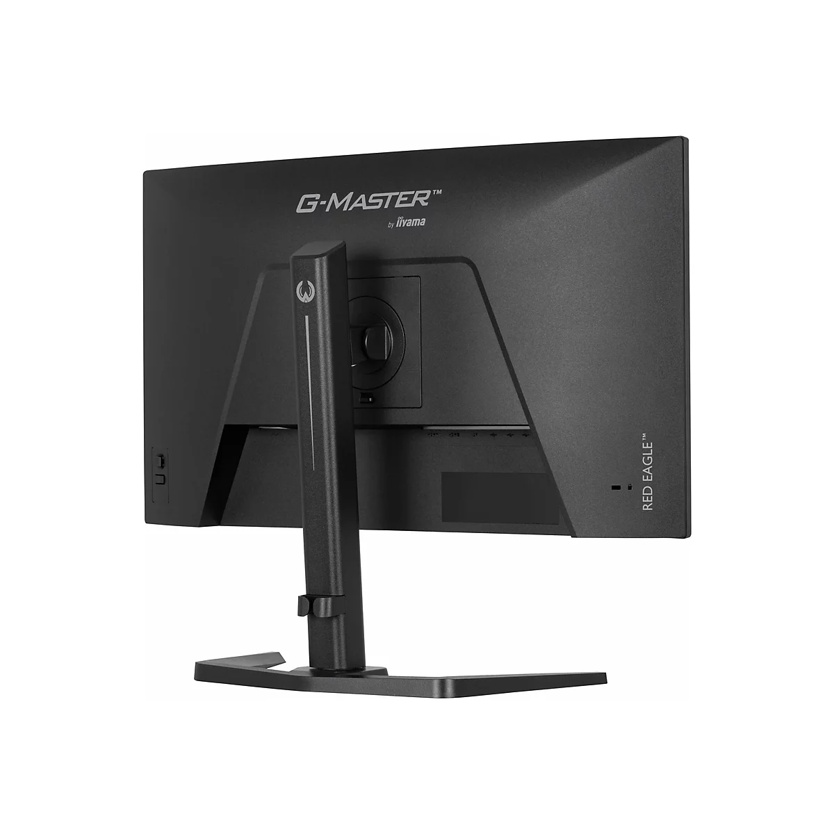 Rückseite eines schwarzen G-MASTER-Monitors mit Standfuß. Schriftzüge: G-MASTER, by iiyama, RED EAGLE.