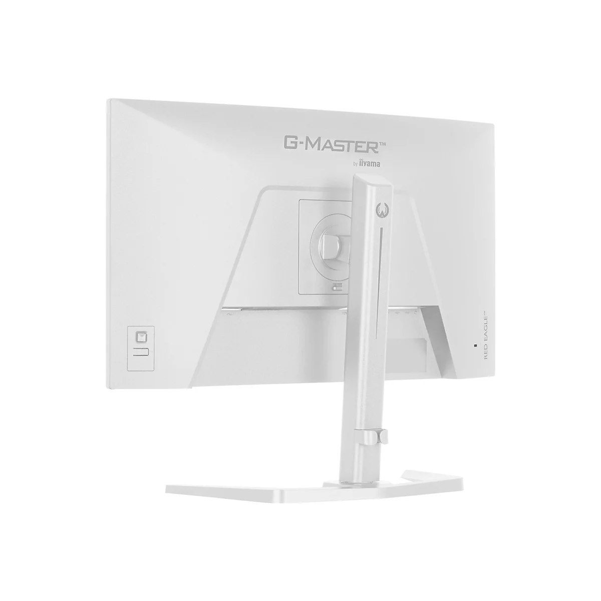 Rückseite eines weißen Monitors mit Standfuß. Schriftzug: G-MASTER by iiyama, Red Eagle.