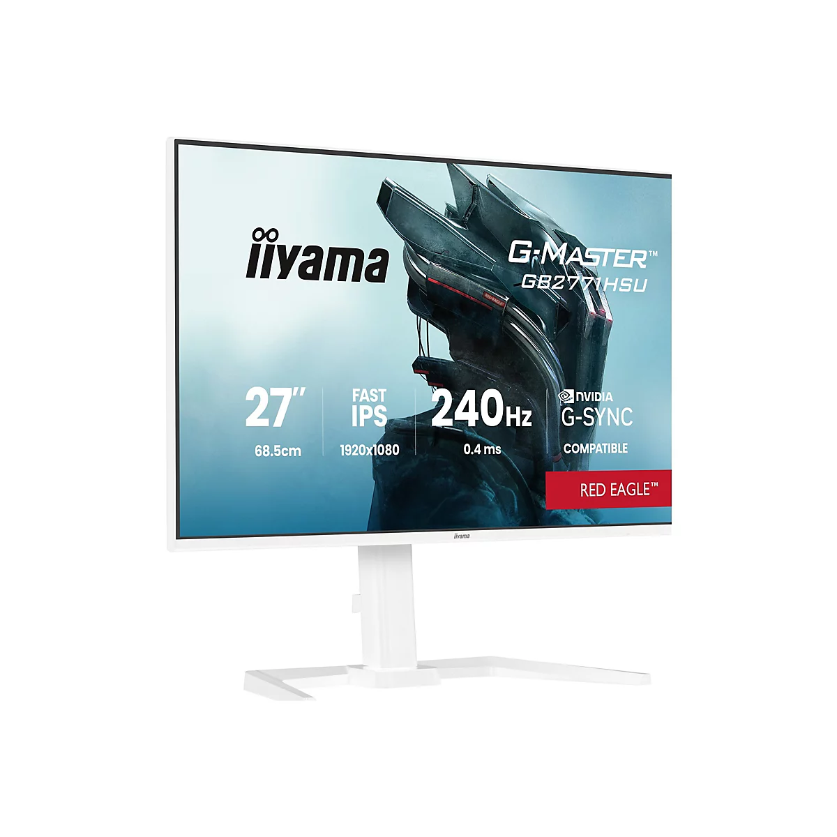 Weißer Iiyama-Monitor vor weißem Hintergrund. Der Bildschirm zeigt den Text "G-MASTER GB2771HSU" und Spezifikationen wie 27", 240Hz und G-SYNC.