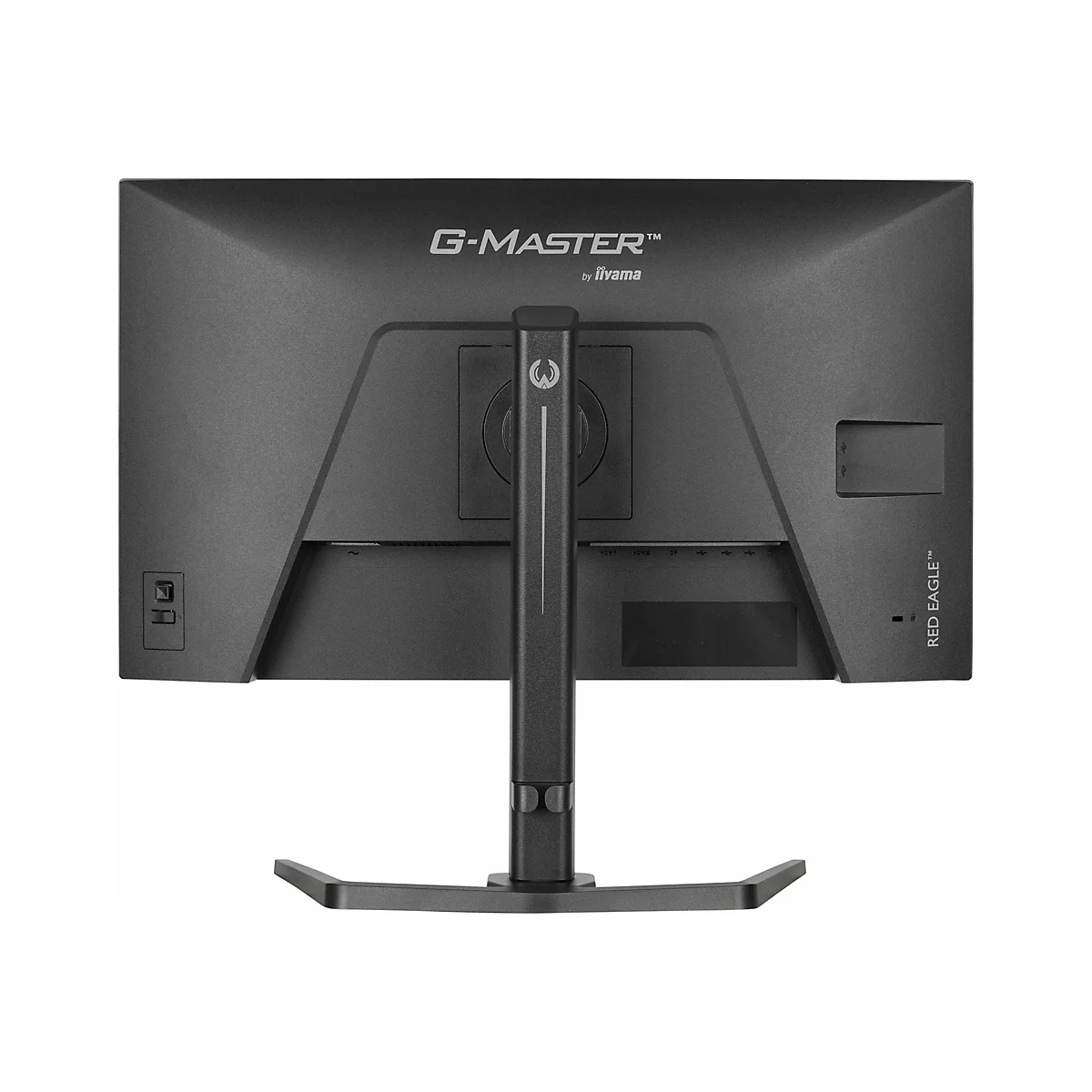 Rückseite eines schwarzen G-MASTER-Monitors mit Standfuß. Schriftzüge: G-MASTER, RED EAGLE und Anschlüsse.