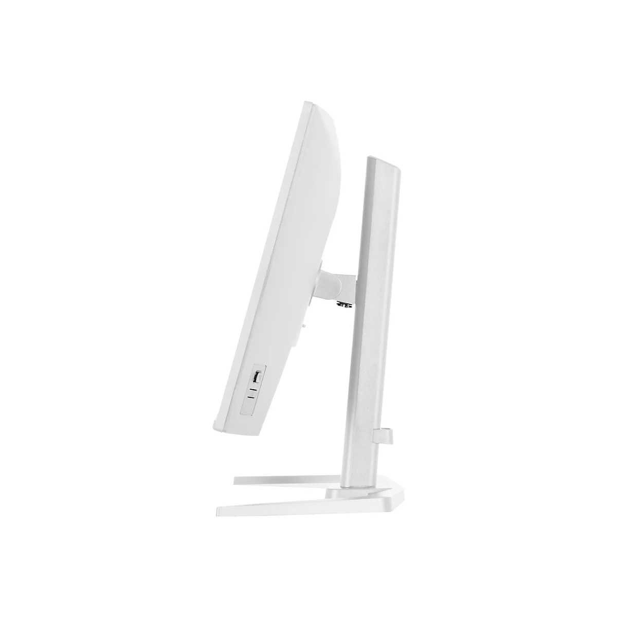 Seitenansicht eines weißen Monitors mit Standfuß. Die Rückseite zeigt Anschlüsse.