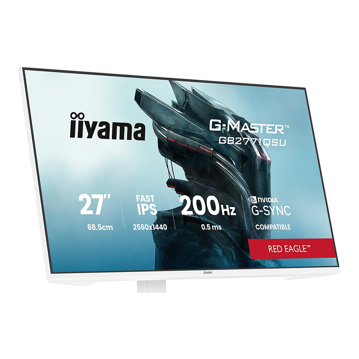 Ein weißer Iiyama-Monitor, mit den Beschriftungen G-MASTER, 27 Zoll, IPS, 200 Hz und Red Eagle.