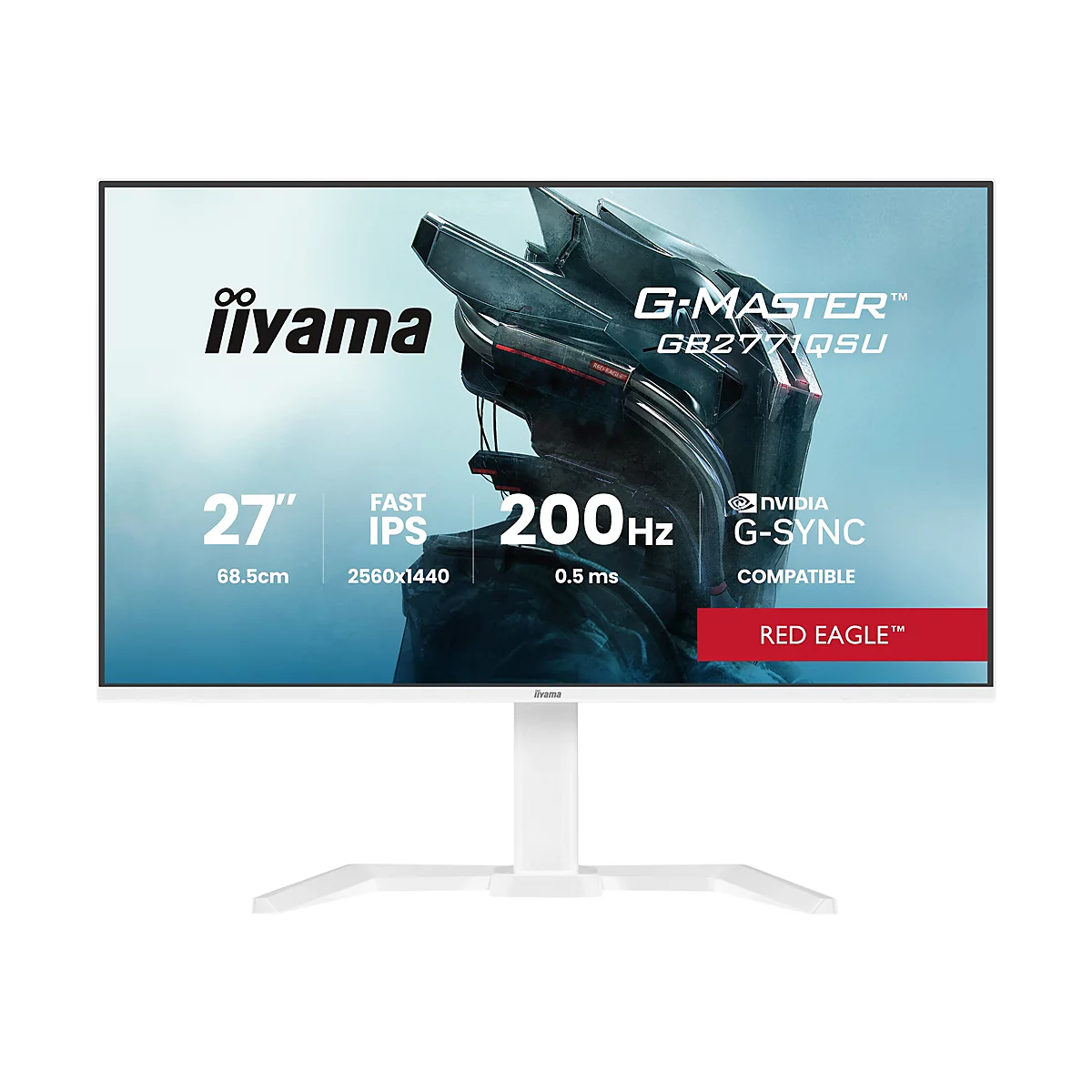 Ein weißer Iiyama-Monitor mit einem schwarzen Rahmen. Der Bildschirm zeigt Grafiken und Produktinformationen, darunter "G-MASTER", "200Hz" und "NVIDIA G-SYNC COMPATIBLE".