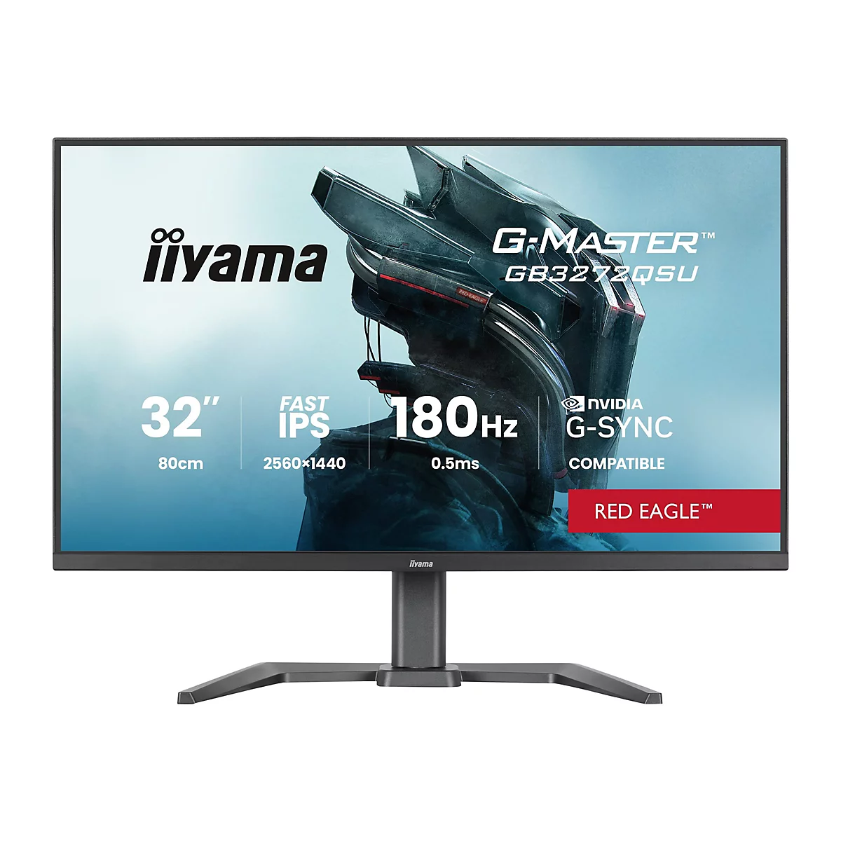 Ein schwarzer iiyama G-Master Monitor, mit dem Schriftzug "G-MASTER" und technischen Daten wie 180Hz und G-Sync.