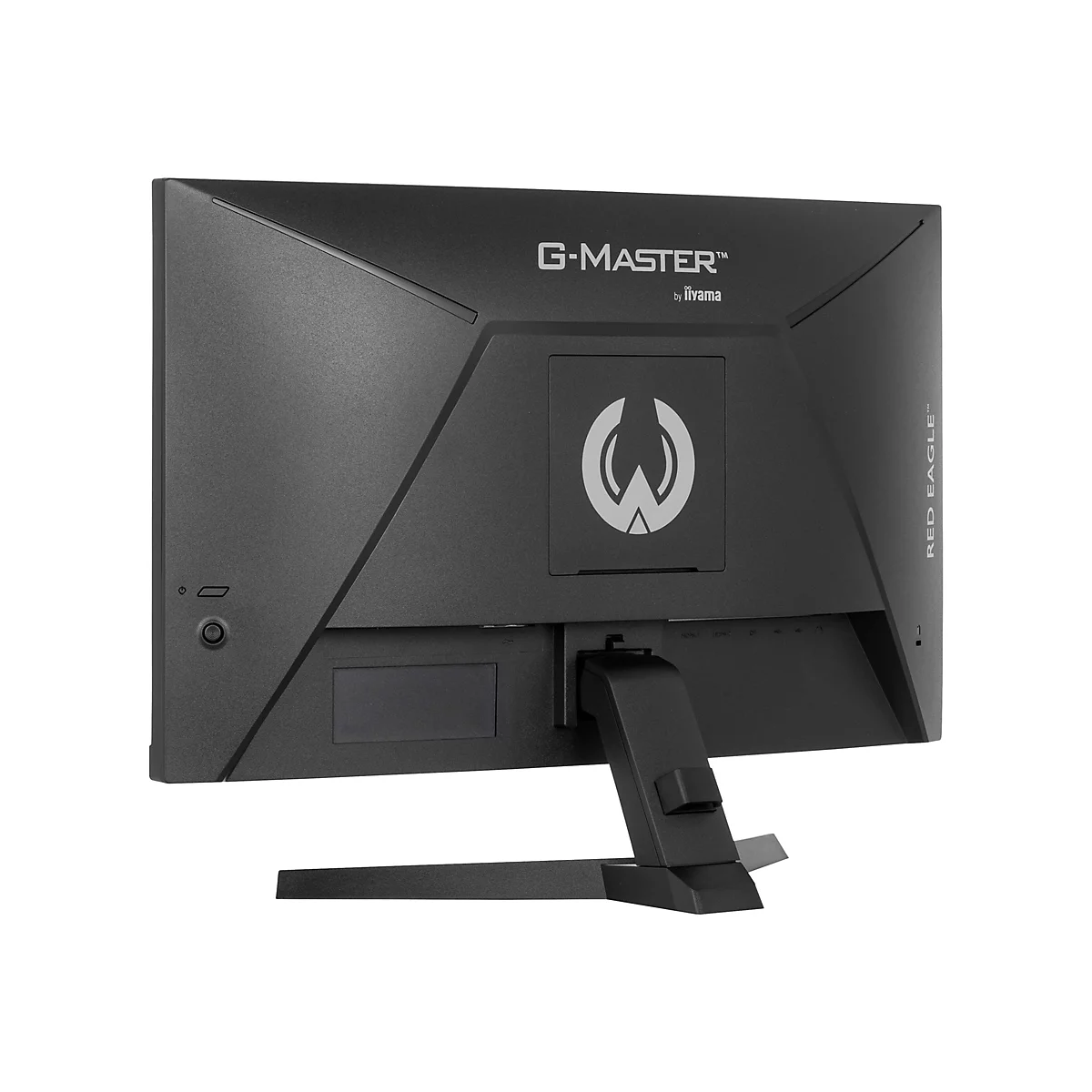 Der schwarze Gaming-Monitor zeigt die Rückseite mit Logos und Anschlüssen. Der Ständer ist auch zu sehen.