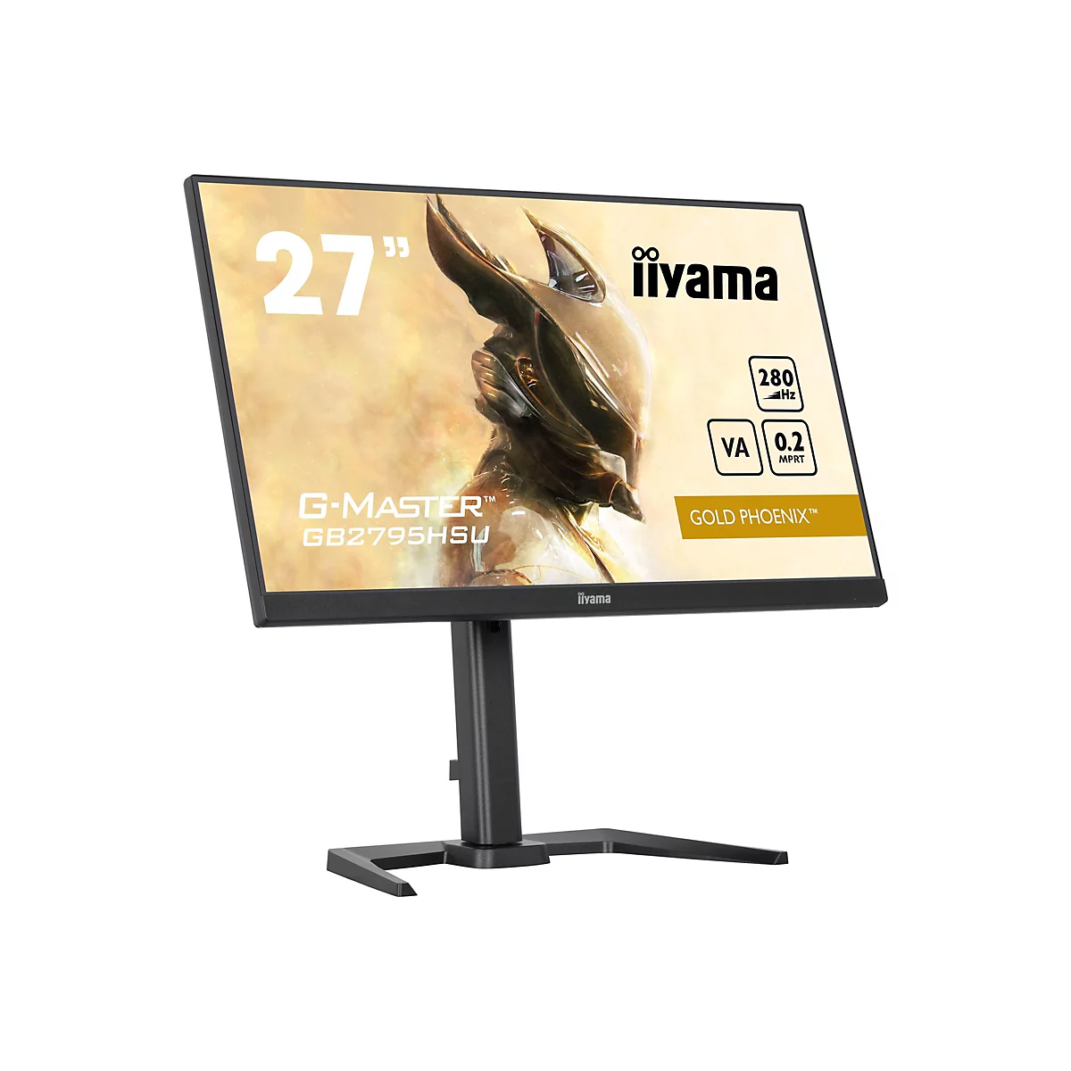 Un moniteur iiyama G-MASTER noir avec un écran de 27 pouces, sur un pied noir sur fond blanc. L'écran affiche une image dorée.