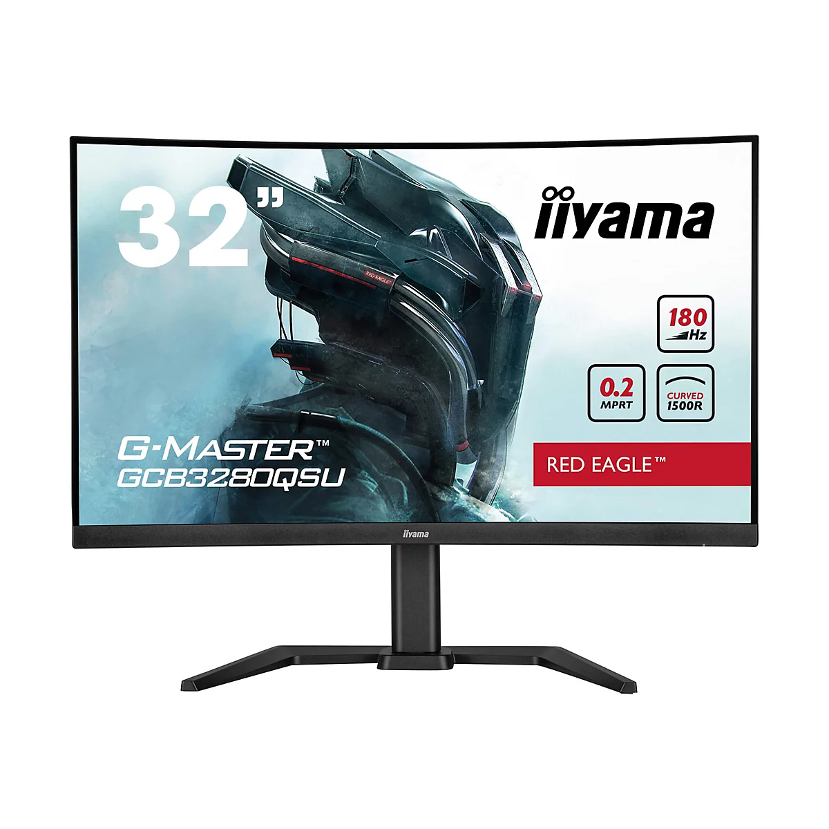 Un moniteur de jeu iiyama noir incurvé. L'écran affiche des inscriptions telles que "32", "G-MASTER", "RED EAGLE" et des spécifications techniques.