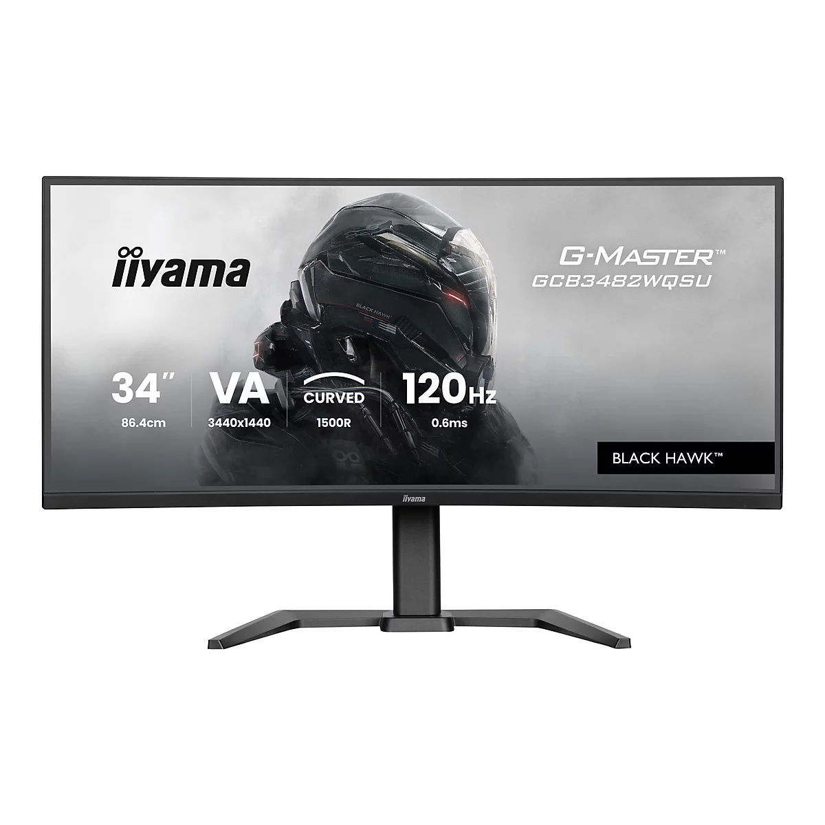 Ein schwarzer, gebogener iiyama Monitor mit der Aufschrift "BLACK HAWK". Auf dem Bildschirm befindet sich eine Grafik. Unterhalb stehen die Angaben 34 Zoll, VA, Curved, 120 Hz.