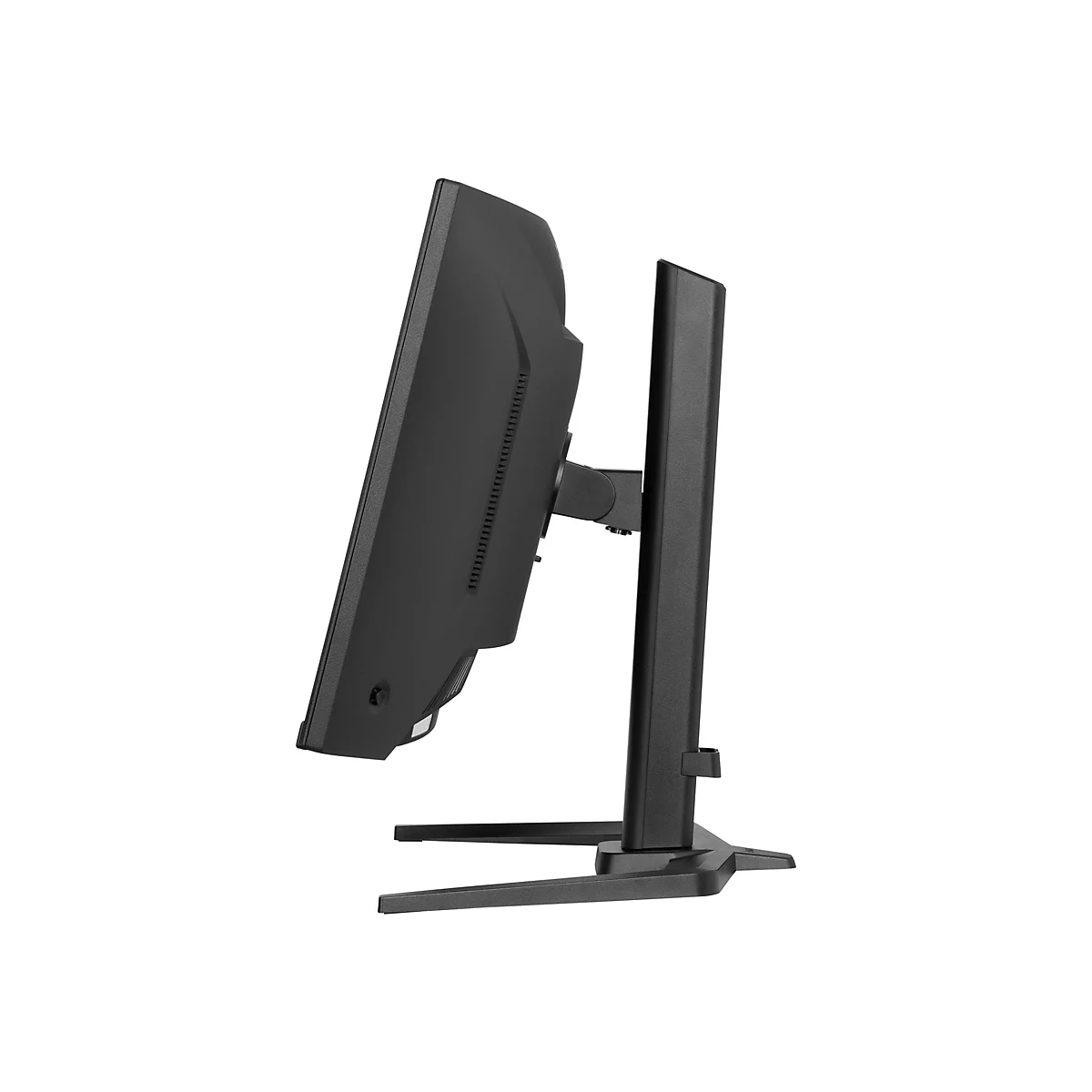 Moniteur noir de profil, avec pied. L'arrière comporte des fentes d'aération.