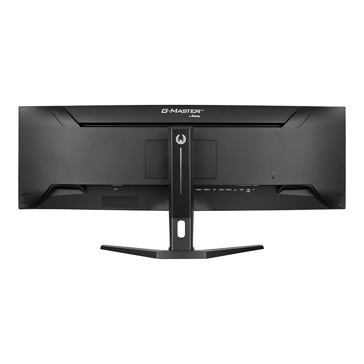 Moniteur noir avec pied. "G-MASTER" de iiyama est en haut. Les connecteurs sont situés sous l'écran.