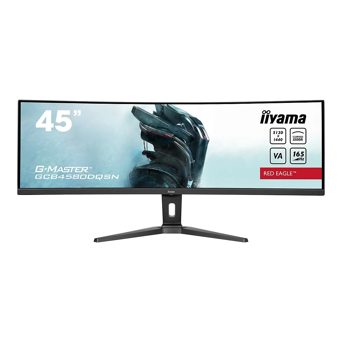 Un large moniteur noir avec un écran incurvé, posé sur un fond blanc. L'écran affiche le texte "45" et le logo "iiyama".